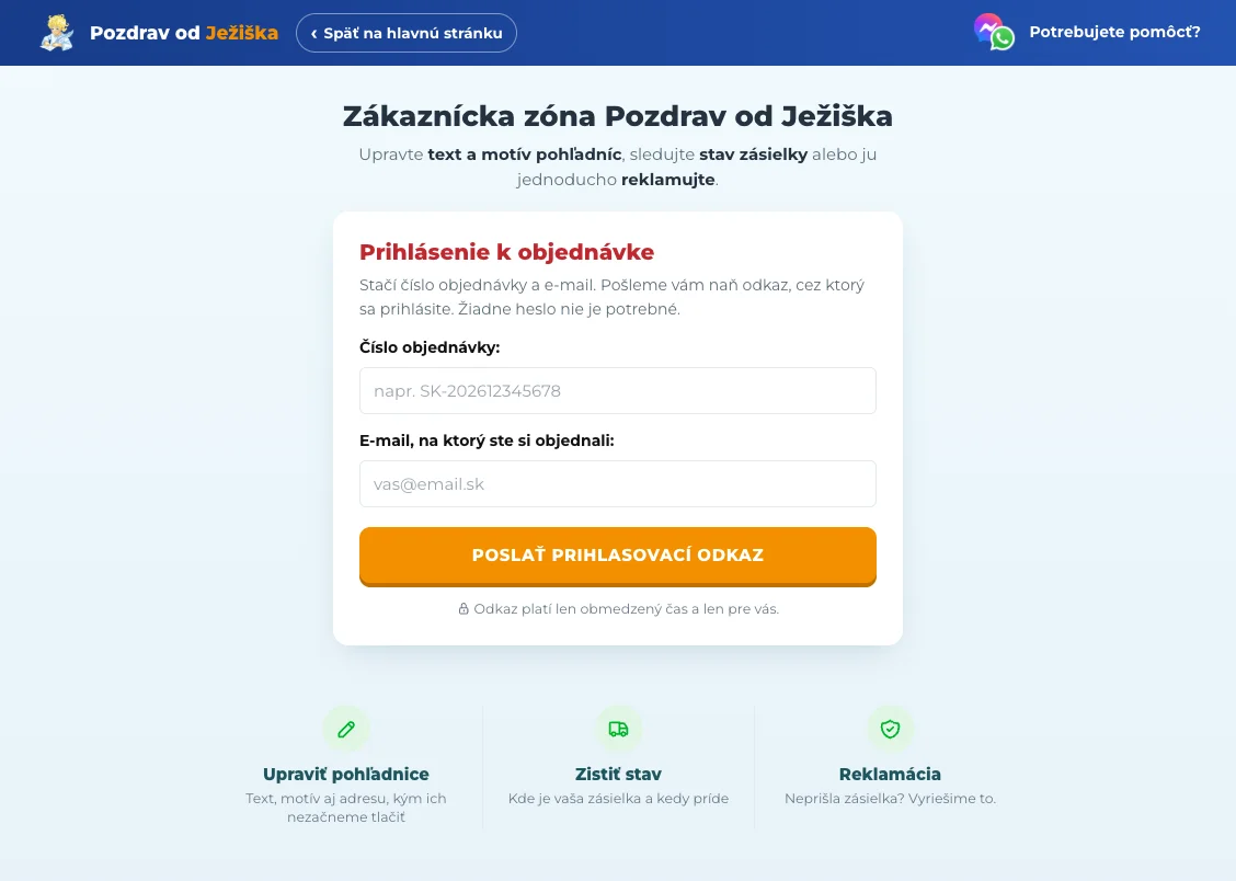 Zákaznícka zóna Pozdravu od Ježiška: prihlásenie k objednávke, úprava pohľadníc, stav zásielky a reklamácie